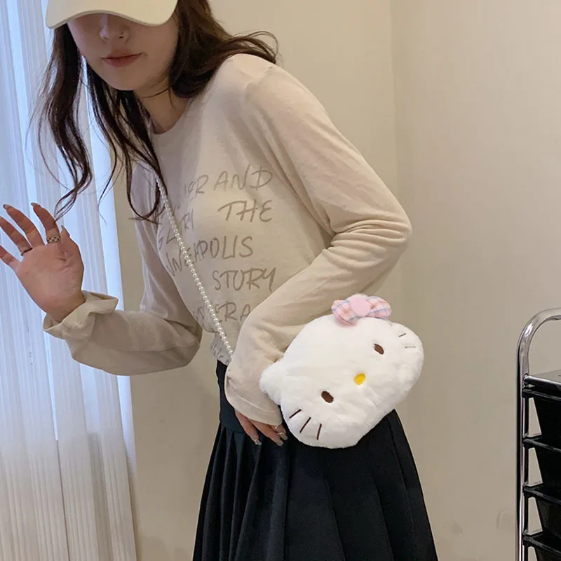 New Kawaii Plush Mini Bags Sanrio Hello Kitty Women\'s Singles Shoulder Bag Bow Plush Girls Handbag White Cat Doll Messenger Bags