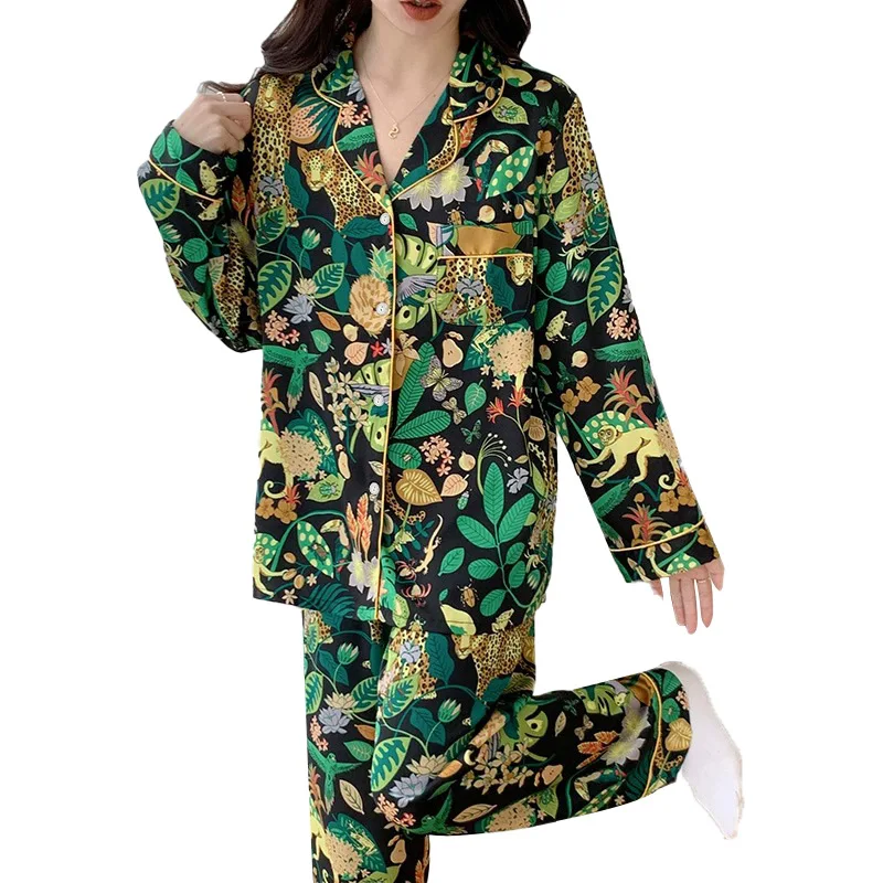 Women\'s Pajamas Sets Spring Autumn 2 Piece Leopard Print Pyjama Faux Silk Satin Sleepwear Long Sleeve Pijama Mujer Pjs Homewear