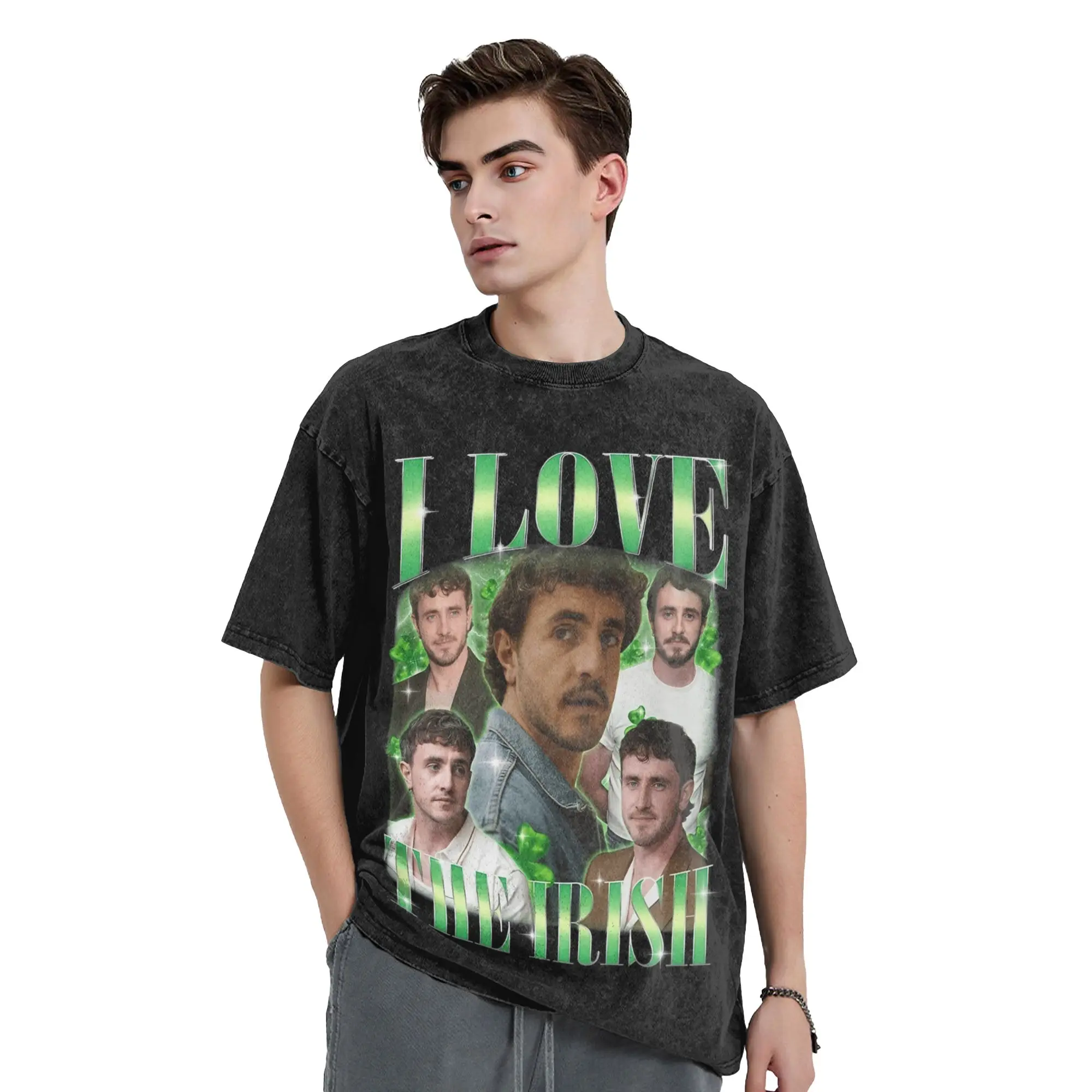 Washed T Shirt I love The Irish Paul Mescal Patrick's day Hip Hop T-Shirts Street Streetwear 100% Cotton Tees for Men Women