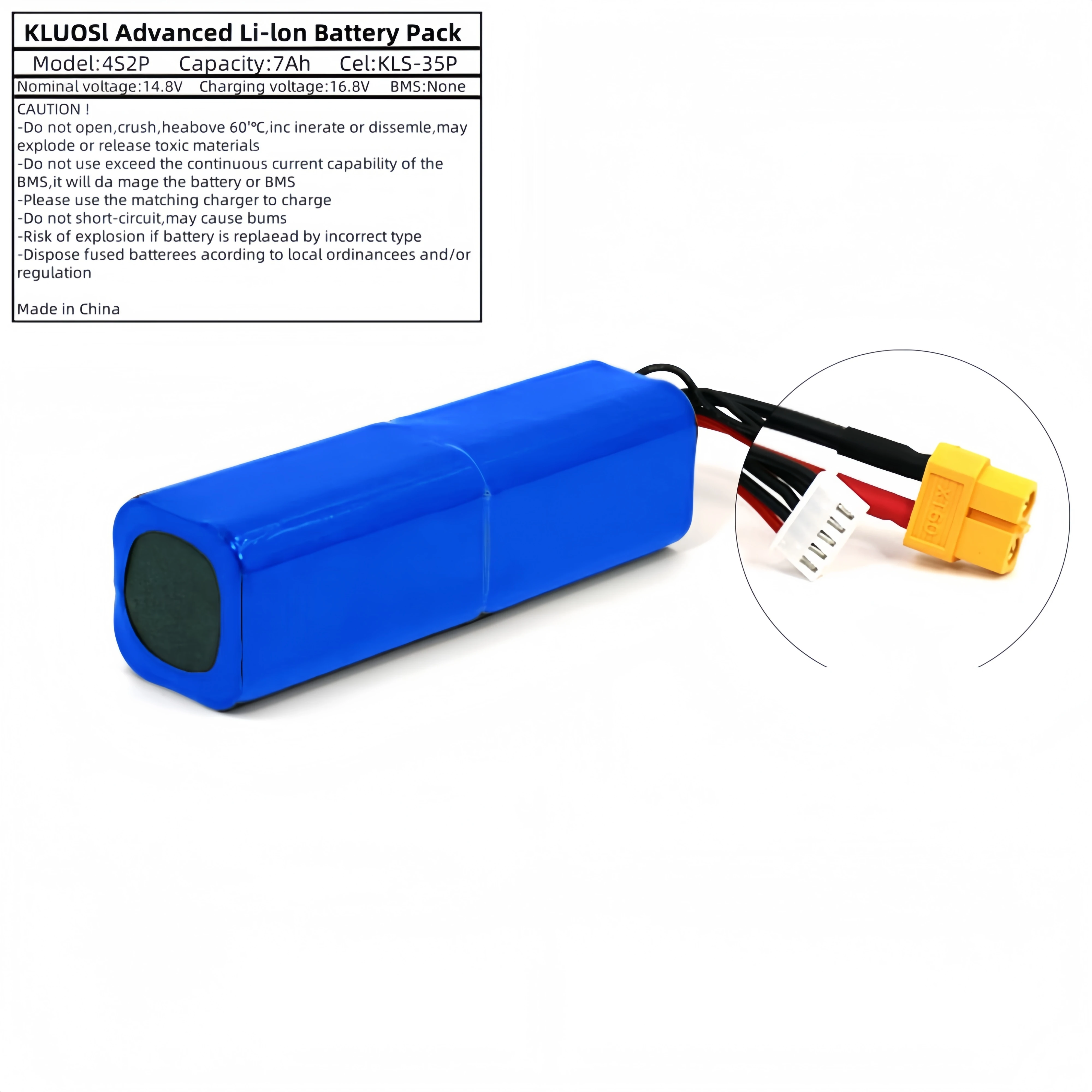 Kluosi 16.8V بطارية ليثيوم أيون 14.8V 7Ah 4S2P قدرة عالية بدون طيار قابلة للشحن لمختلف RC طائرة بدون طيار رباعية الدوار XH2.54-5P XT60