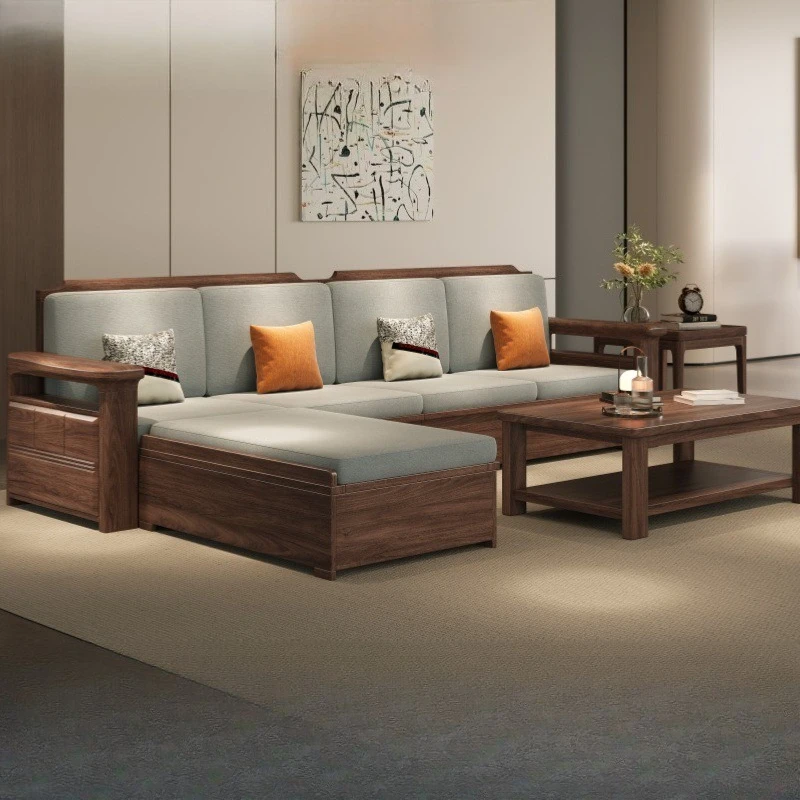 New Chinese Black Walnut Solid Wood Sofa Living Room Winter and Summer Dual-purpose Small Apartment Straight Storage Sofa