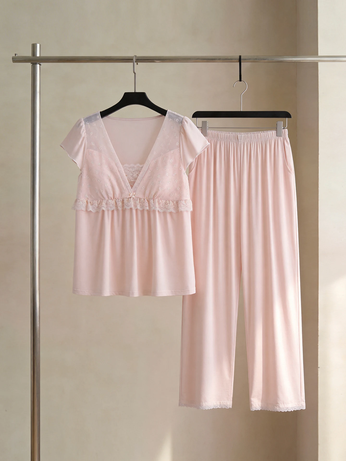 sptight-women's-sleepwear-with-chest-pad-summer-short-sleeve-long-pants-romantic-style-modal-cotton-blend-breathable-soft-v-neck