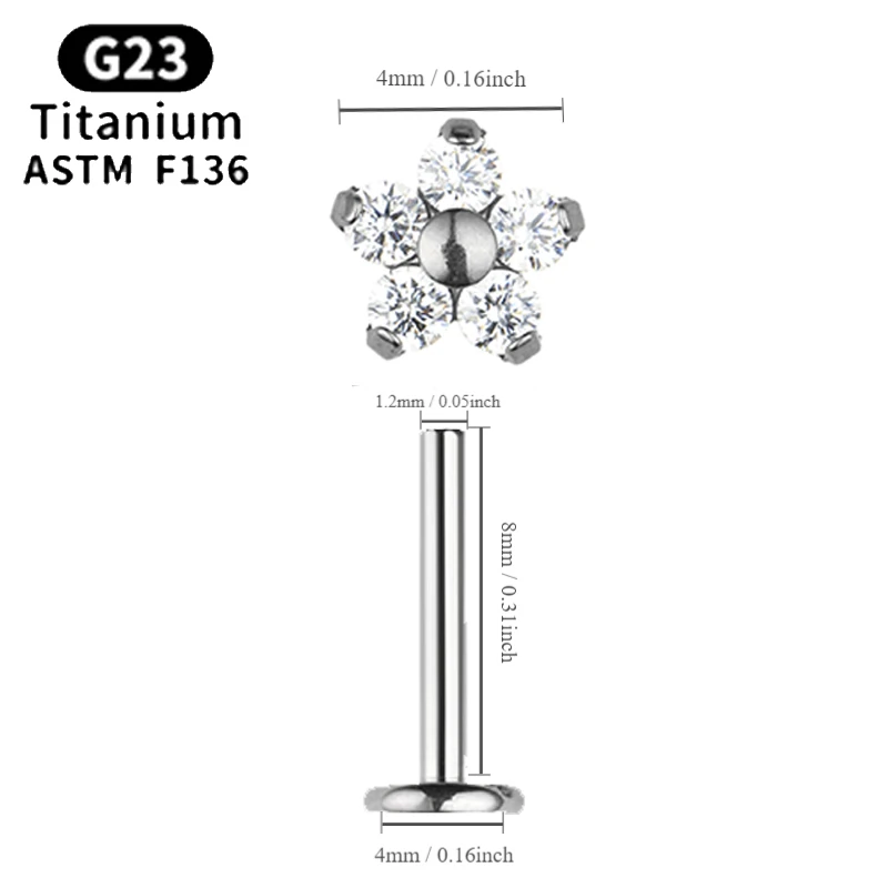 ASTM F136 Orelha de Titânio CZ Five-pointed Star Lip Nail Cartilage Brincos Body Piercing Jóias Lindas Jóias de Presente