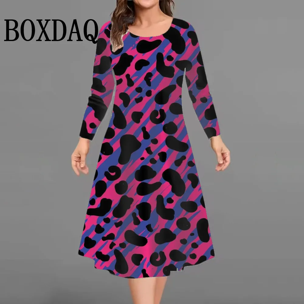 

Women's Autumn Dress Plus Size Fashion Leopard 3D Print Round Neck Loose Dress Casual Striped Print Long Sleeve A-Line Dress 9XL