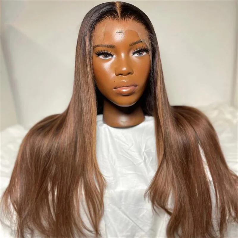 Ombre Brown Soft 26inch Long 180% Density Straight Lace Front Wig For Black Women Baby hair Heat Resistant Preplucked Glueless