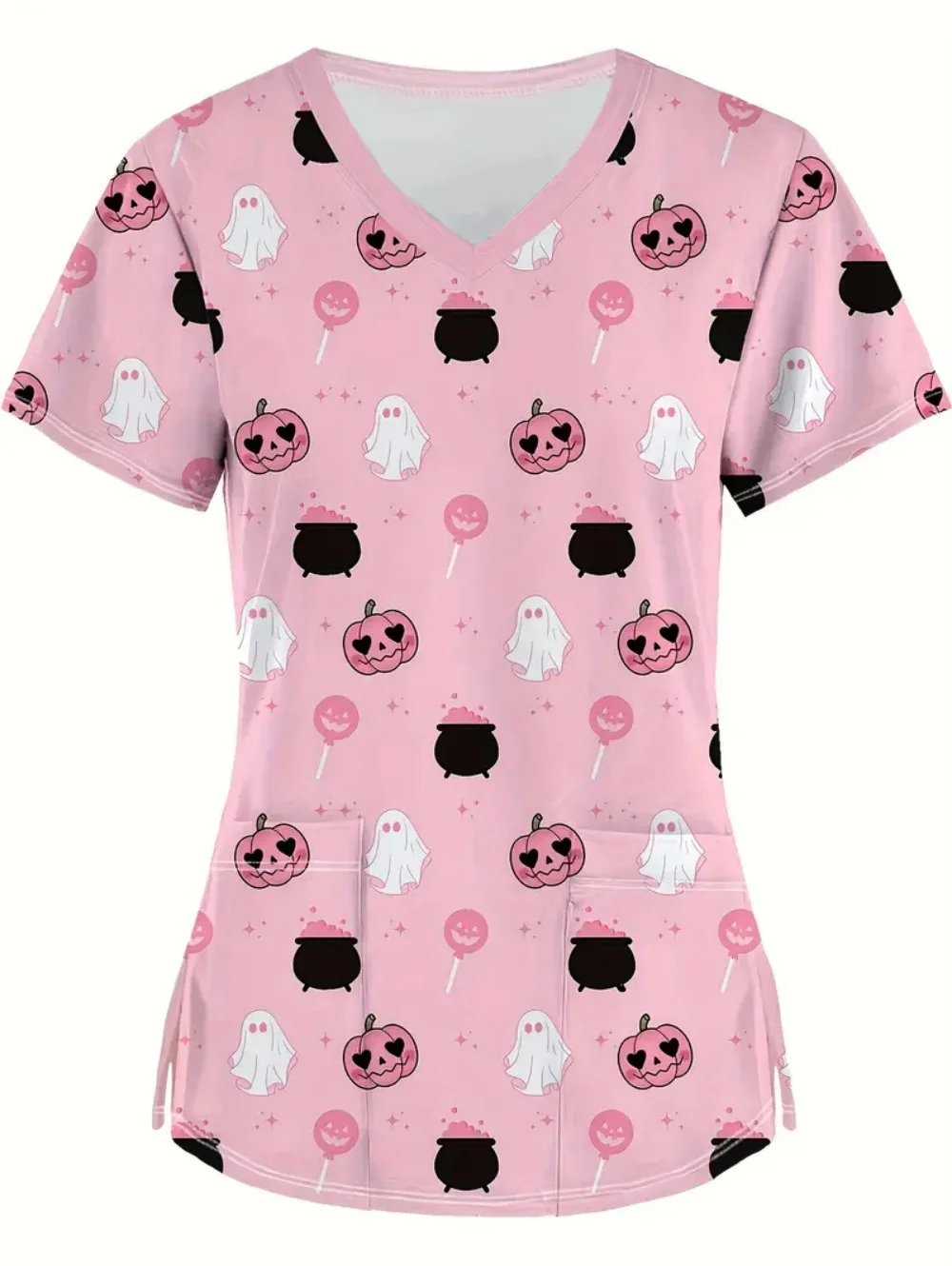 ฮาโลวีนขัดชุดน่ารัก Ghost พิมพ์ Healthcare พยาบาลแฟชั่นแขนสั้นพร้อมกระเป๋าเสื้อฤดูร้อน V คอเครื่องแบบทางการแพทย์