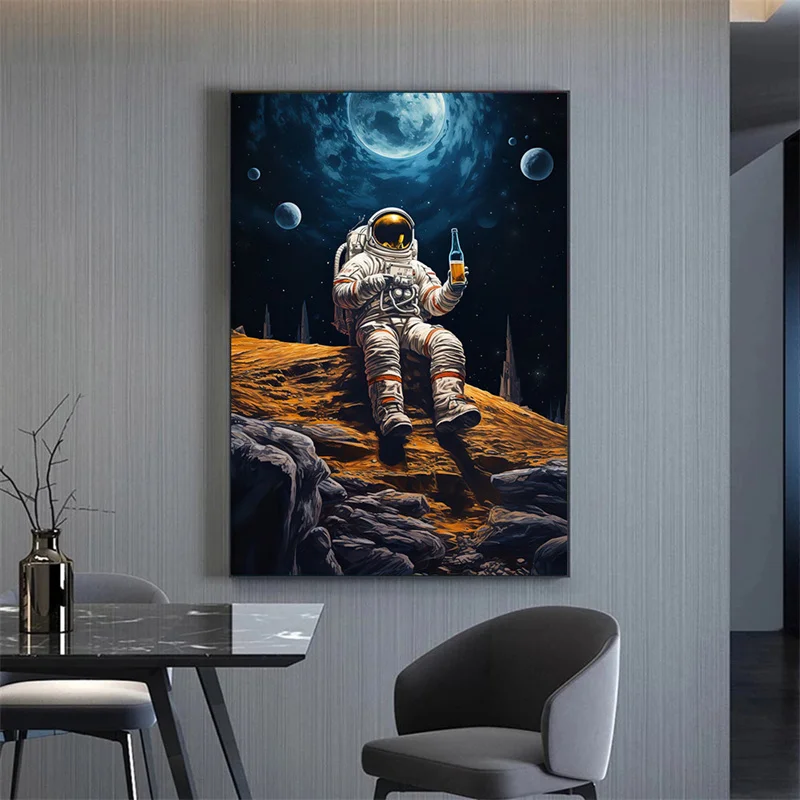 Modern Astronaut Posters Astronaut with Beer on Moon Bar Canvas Paintings Astronauts Playing Poker in The Space Mural Home Decor