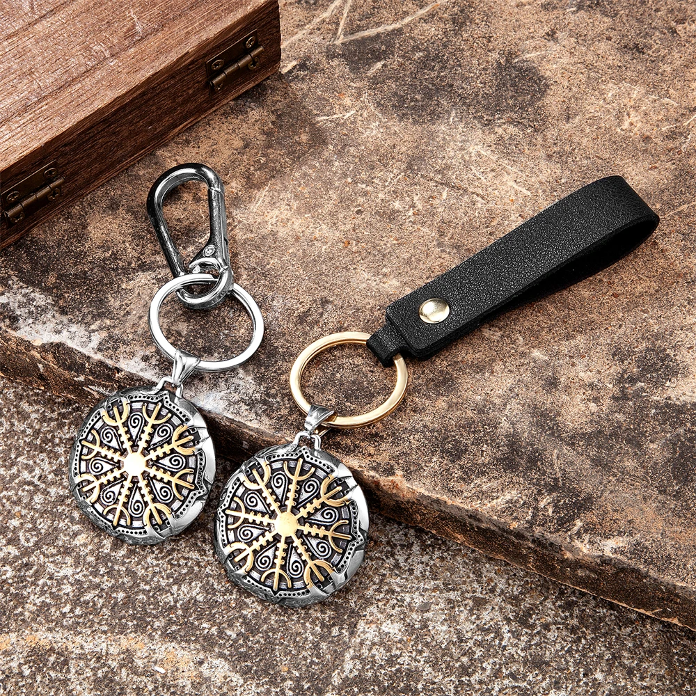 Vintage Vikings Compass Keychain Gold Color Stainless Steel Norse Rune Trident Pendant Amulet Men Never Fade Car Keyring Jewelry