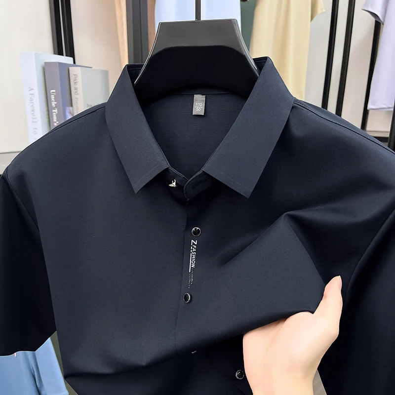 High quality summer new short sleeve shirt brand fashion letter embossed men solid color ice silk breathable business casual top
