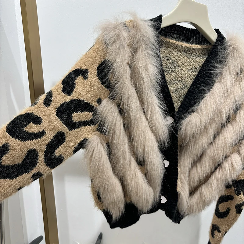 2025 المرأة ليوبارد نمط الطبيعية الثعلب الفراء خارج الديكور الفتاة الخريف سترة محبوك معطف طويل الأكمام