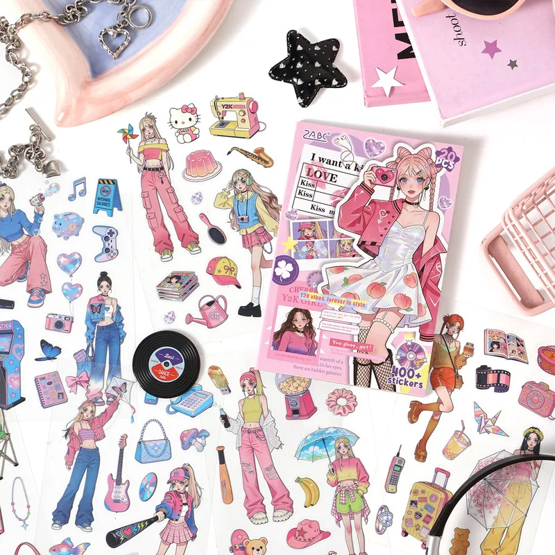 1book/20pcs Fashion Sweet Cool Girl Daily Life Journal Sticker Book, Colorful Illustration DIY Craft Materials