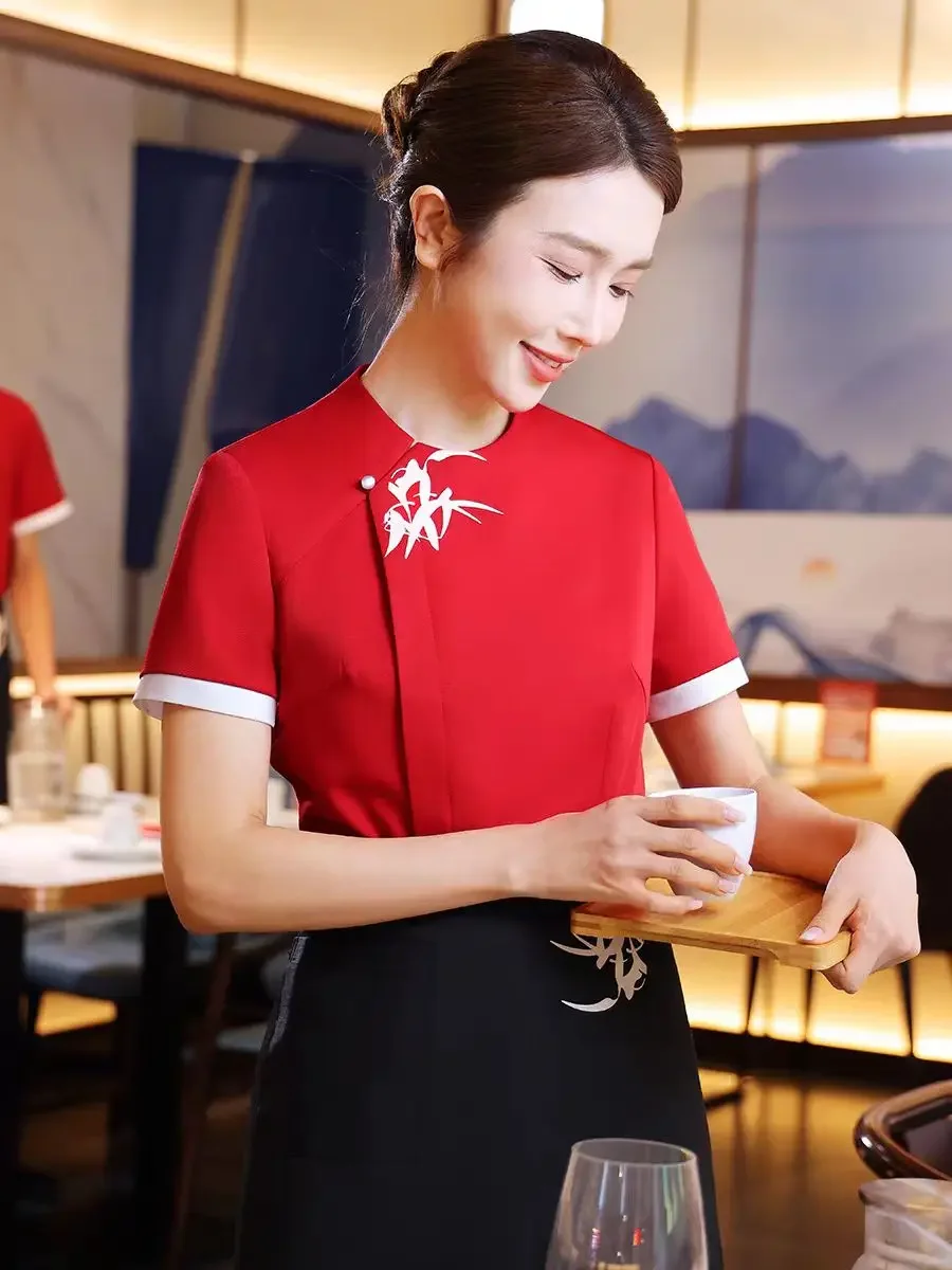 New Chinese Waiter Work Clothes Short Sleeve Hotel Restaurant Staff Summer Female Top and Apron Set Hotpot Waitress Uniform