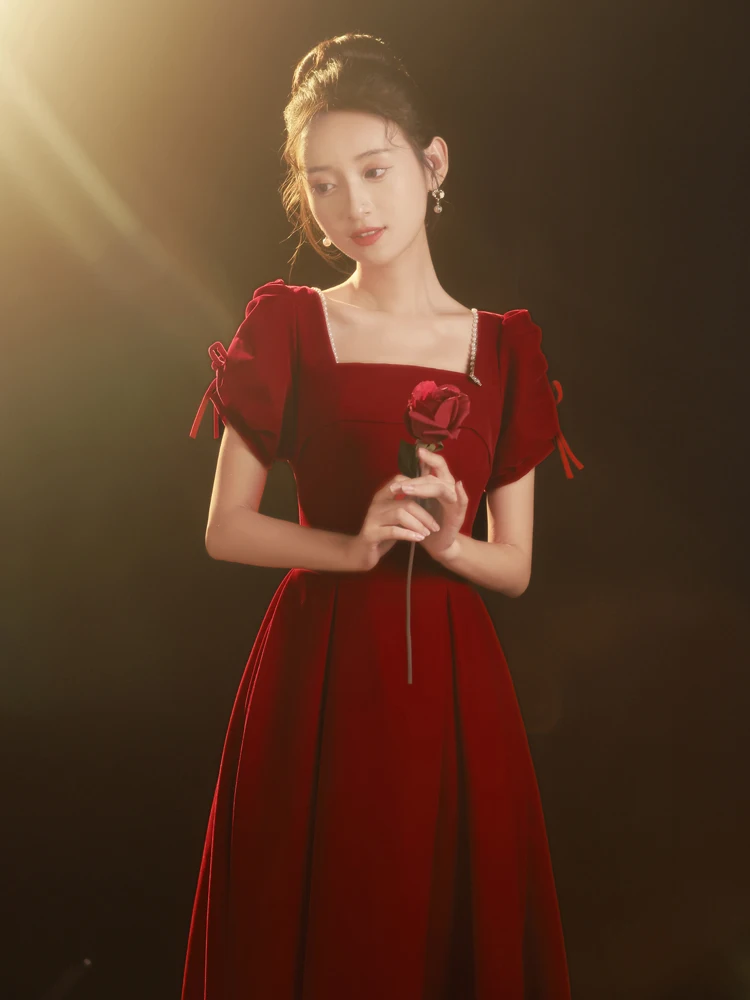

Velvet Wedding Dr Women's Formal Gown Red Wine Color Engagement Par Dr mid Waist A-Line Skirt ort Sve Pearl Embe...