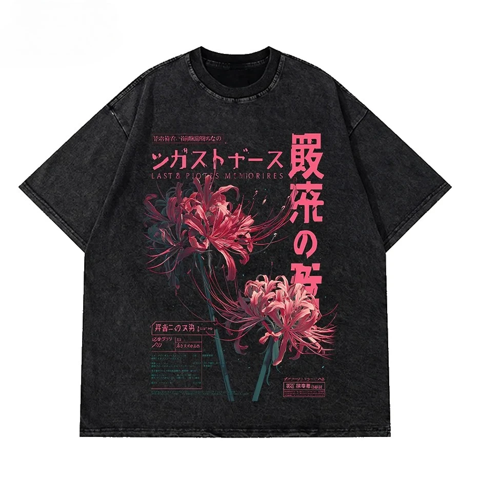 Grunge Flower Japanese Spider Lily Washed New Arrival Mens Clothes Tee Shirt Graphic T-Shirts Men Tshirt for Men Ropa Hombre