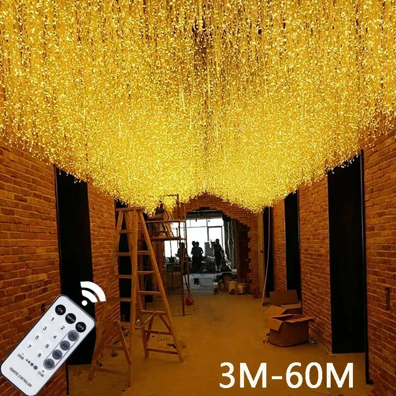 Ramadan Decorations 2024 For Outdoor Waterproof LED Curtain Icicle Fairy String Light Street Garland On The House Winter