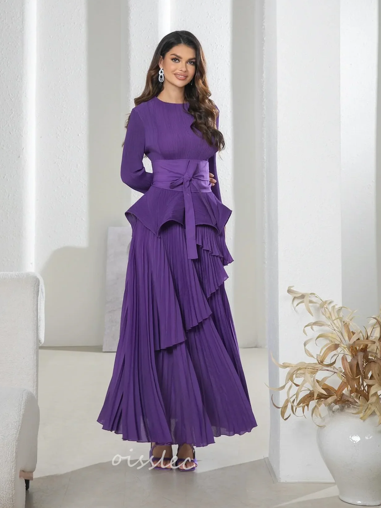 Oisslec Ruffled Prom Dress 2024 Long Sleeve Cocktail Dress Floor Length Long Formal Evening Party Dress 2024 robes de soirée