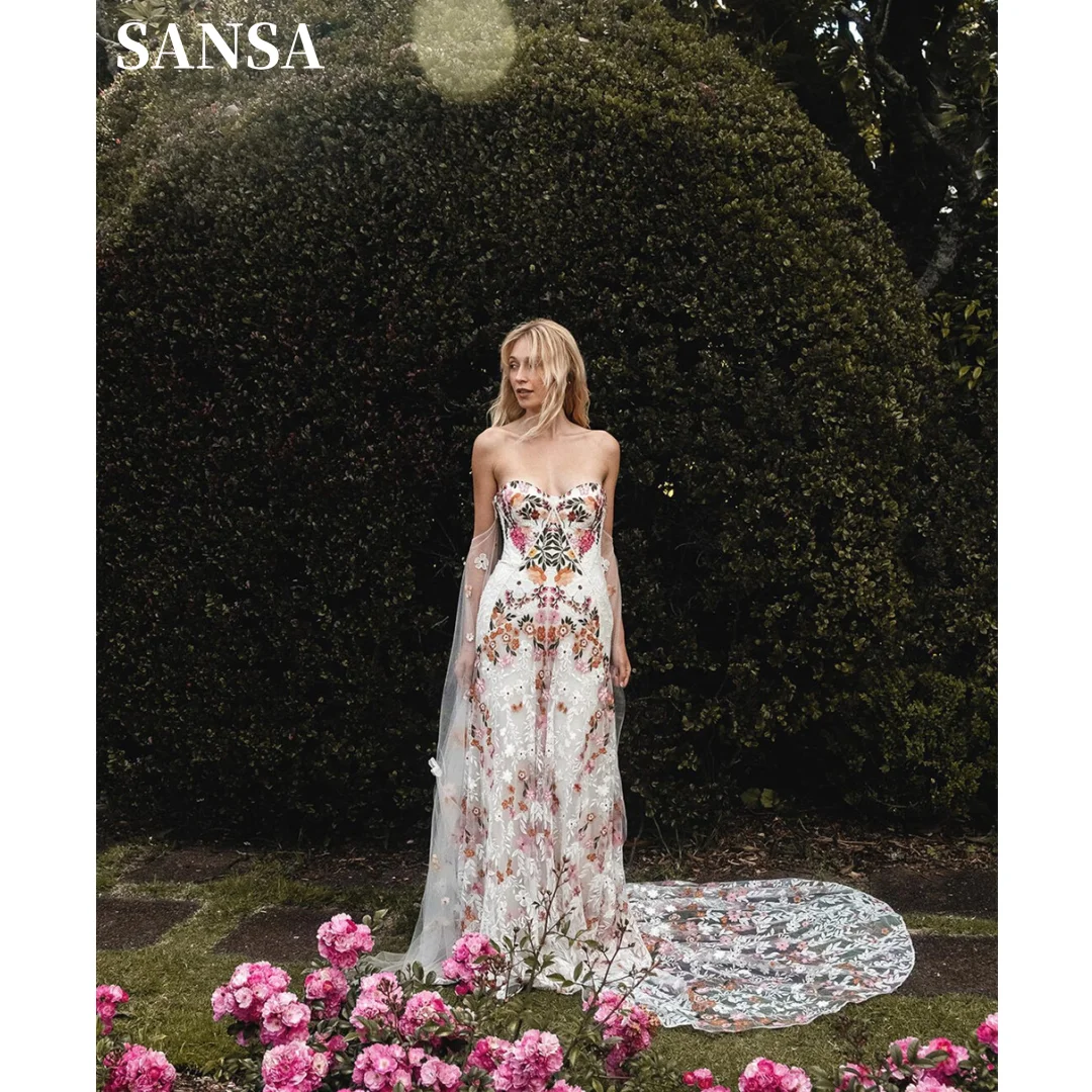 Sansa-Robe de Mariée en Dentelle Brodée de Fleurs Colorées, Sans Bretelles, Style Boho, Dos aux, Personnalisée, pour Patients, Photos Réelles, 2024