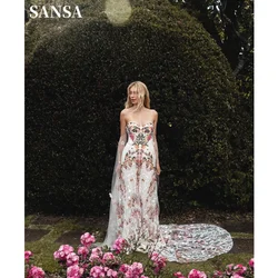 Sansa Echte Fotos Bunte Blumen Stickerei Spitze Hochzeitskleid Trägerlos Boho Low Back Custom Brautkleid Maßgeschneidert 2024