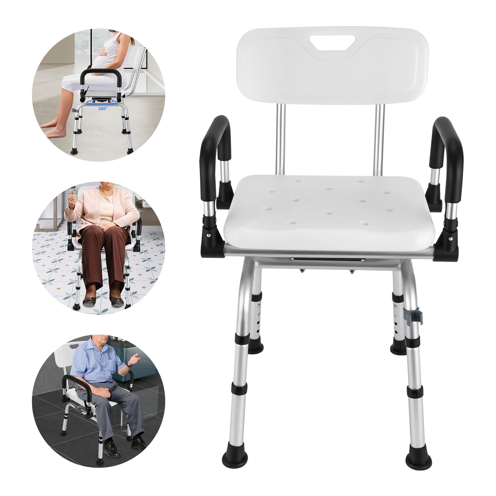 360 ° Drehbarer Duschstuhl mit Armlehnen und Rückenlehne, Kapazität 396,83 lbs, höhenverstellbarer drehbarer Duschhocker für ältere Menschen, Pr – Detail 1