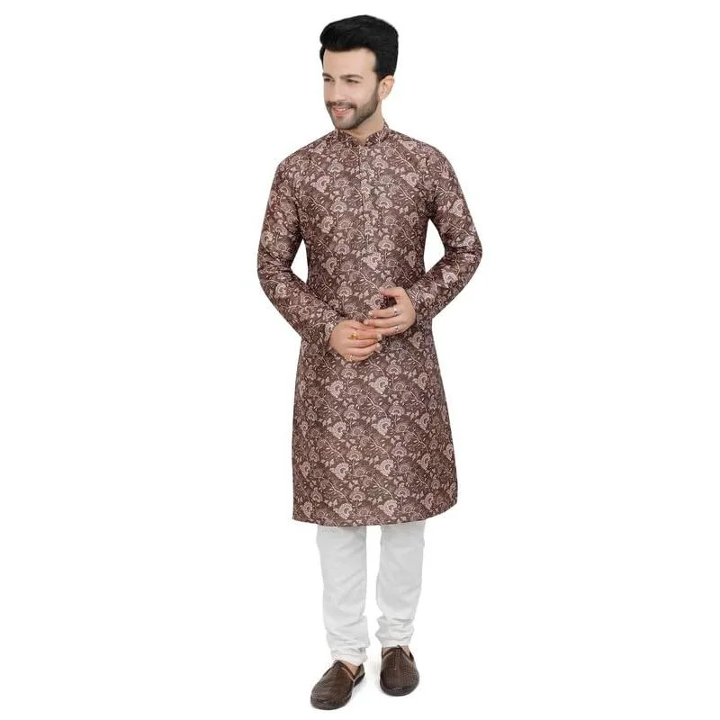 Jubah Abaya Islami Kasual Mewah Gaya Nasional Motif Etnik Kerah Tegak Kemeja Panjang Sedang untuk Pria Muslim Kurta