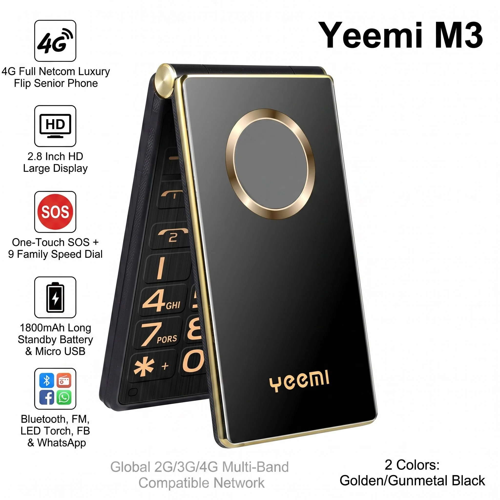 YEEMI M3 LTE 4G Flip CellPhone 1800mAh 2.8‘’ Display GSM 2G Dual SIM Big Keyboard Loud Voice Mobile Phone For Elderly