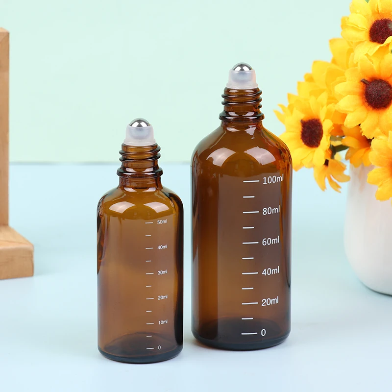 1Pc 5/10/15/30/50ML rotolo di vetro sottile ambrato su bottiglia per fiale di olio essenziale con contenitori per bottiglie riutilizzabili a sfera in metallo a rullo