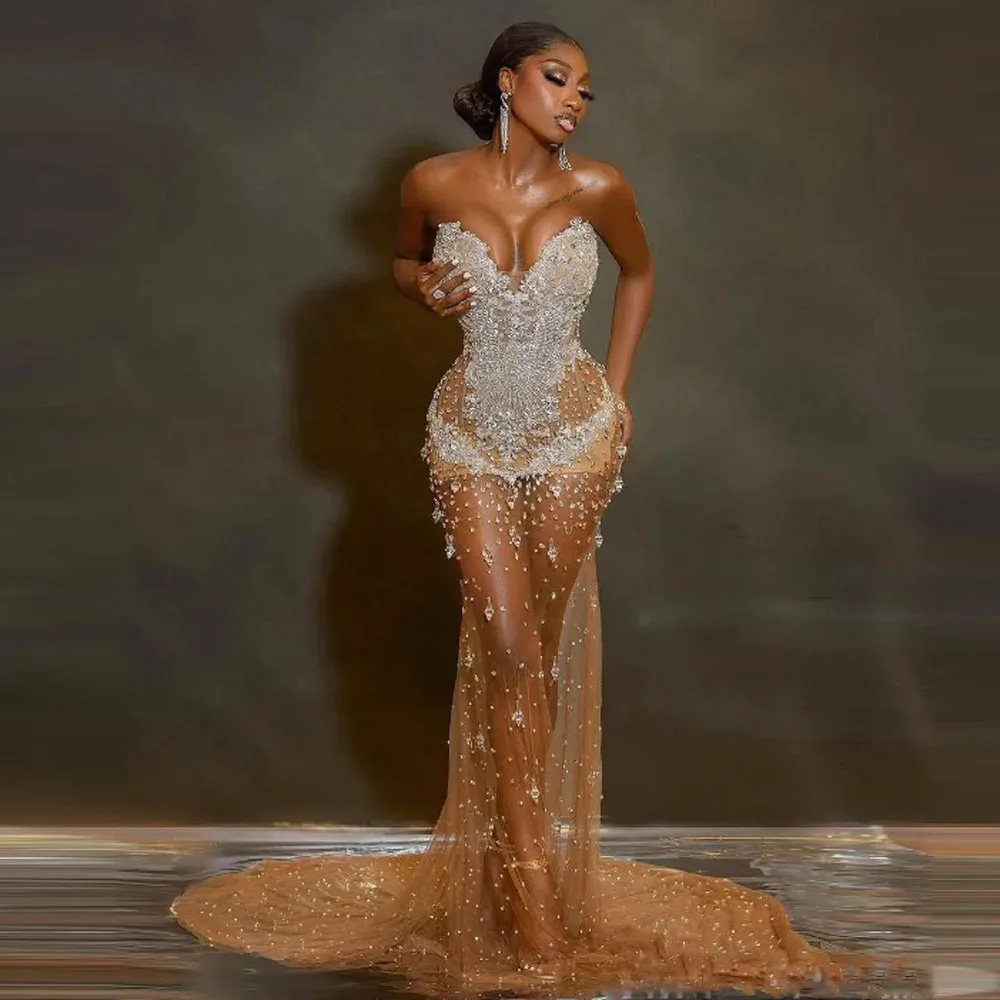 

Sexy See Through Prom Dresses Sweetheart Crystals Major Beads Aso Ebi Women Special occasion Parry Evening Dress