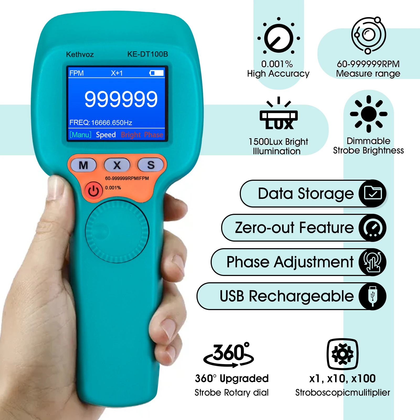 Digital Stroboscope - High Precision RPM Measurement Tool with Adjustable Flash Rate, LCD Display, for Industrial Applications