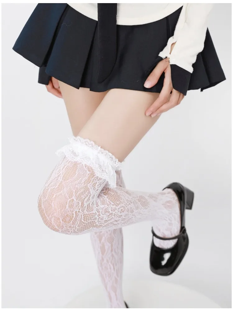 White Lace Thigh High Socks for Teenage Girls，Millennium Girls JK Stockings Sweet Lolita Floral Vine Transparent Hollow Tights