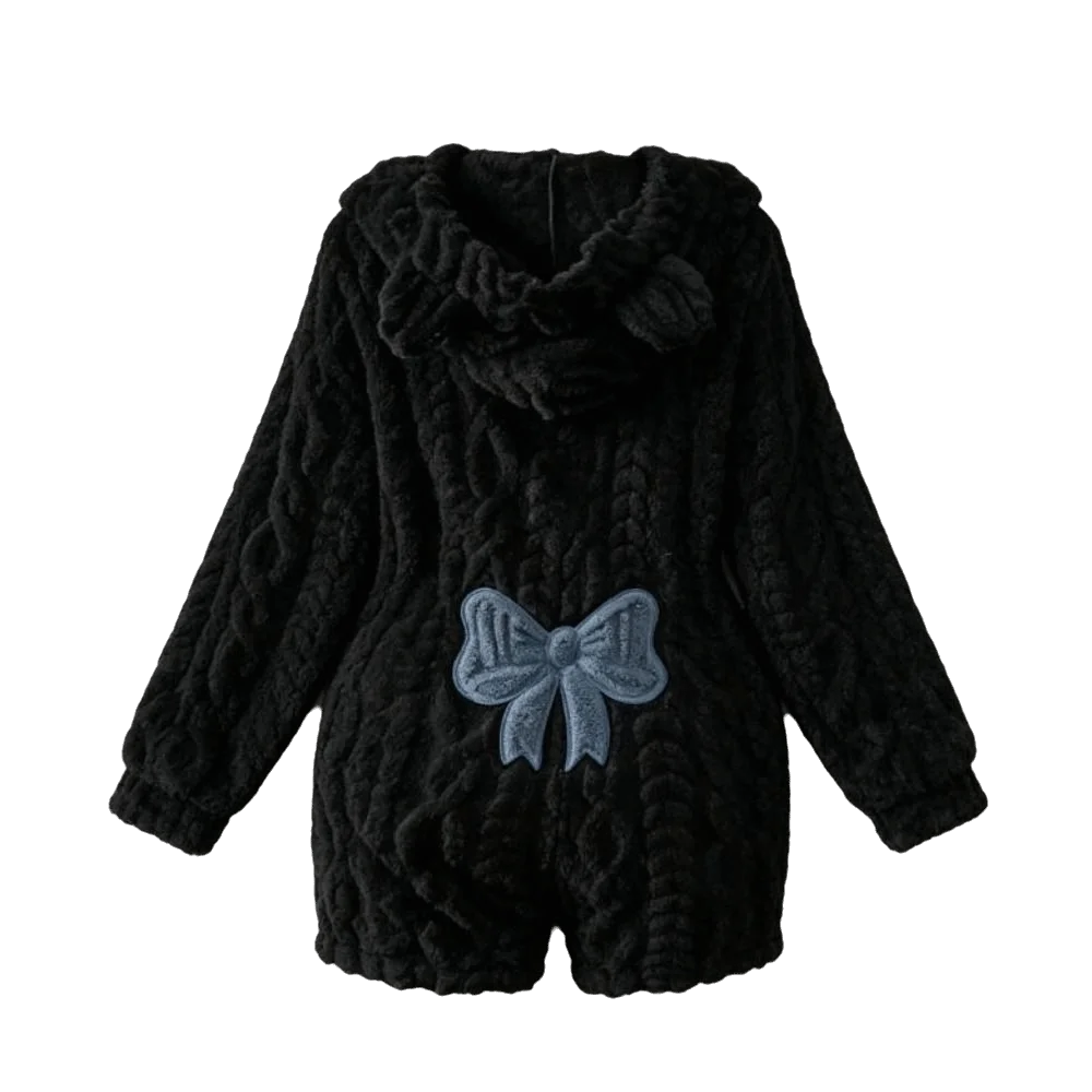 Kawaii Hooded Jumpsuit Romper Nightwear Long Sleeve Bow Plush Romper Pajamas Warm Bear Ear Women's Home Clothing Autumn Winter