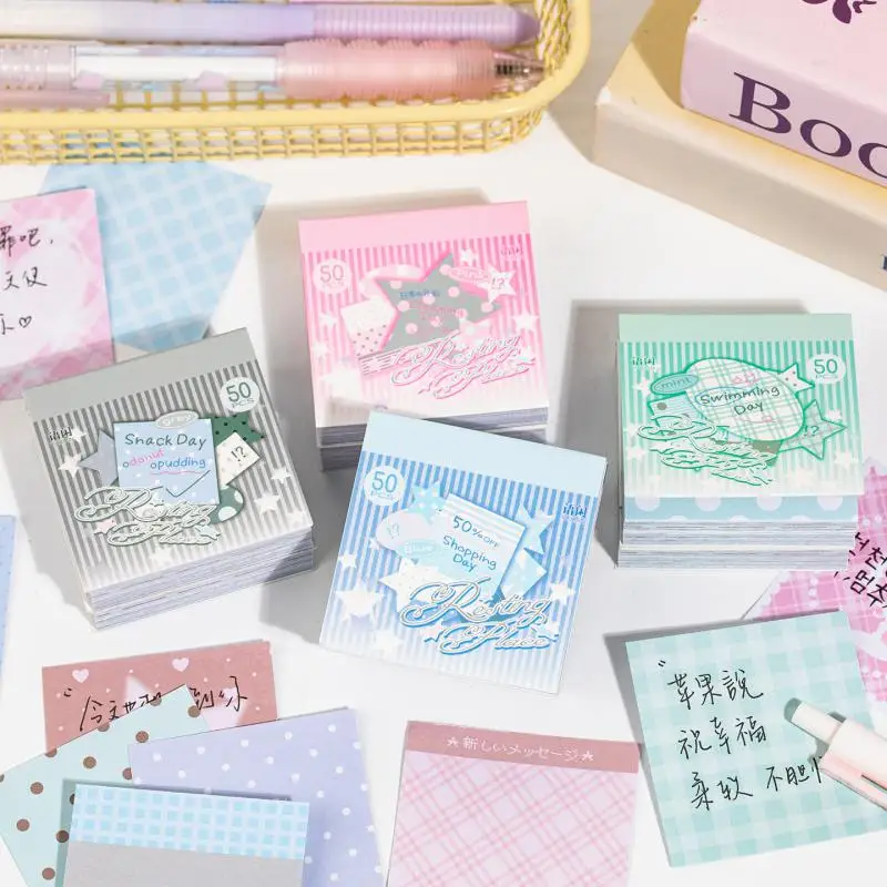 50pcs /set Basic Grid Pattern Message Paper Adhesive Paper Sticker Decorative Scrapbooking Diary Album Junk Journal Supplies