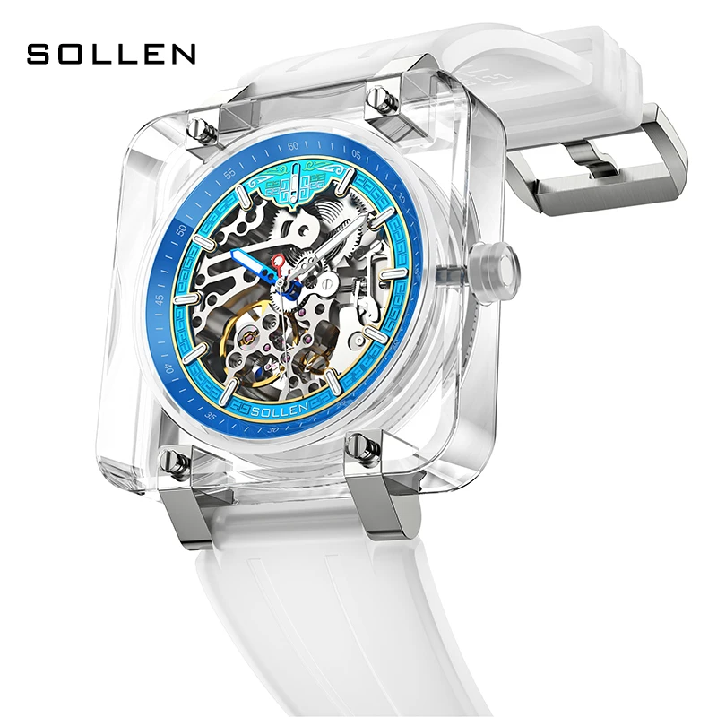 New Luxury Brand SOLLEN Seagull Automatic Mechanical Sapphire Men\'s Watches Luminous Waterproof Skeleton Transparent Clock SL325