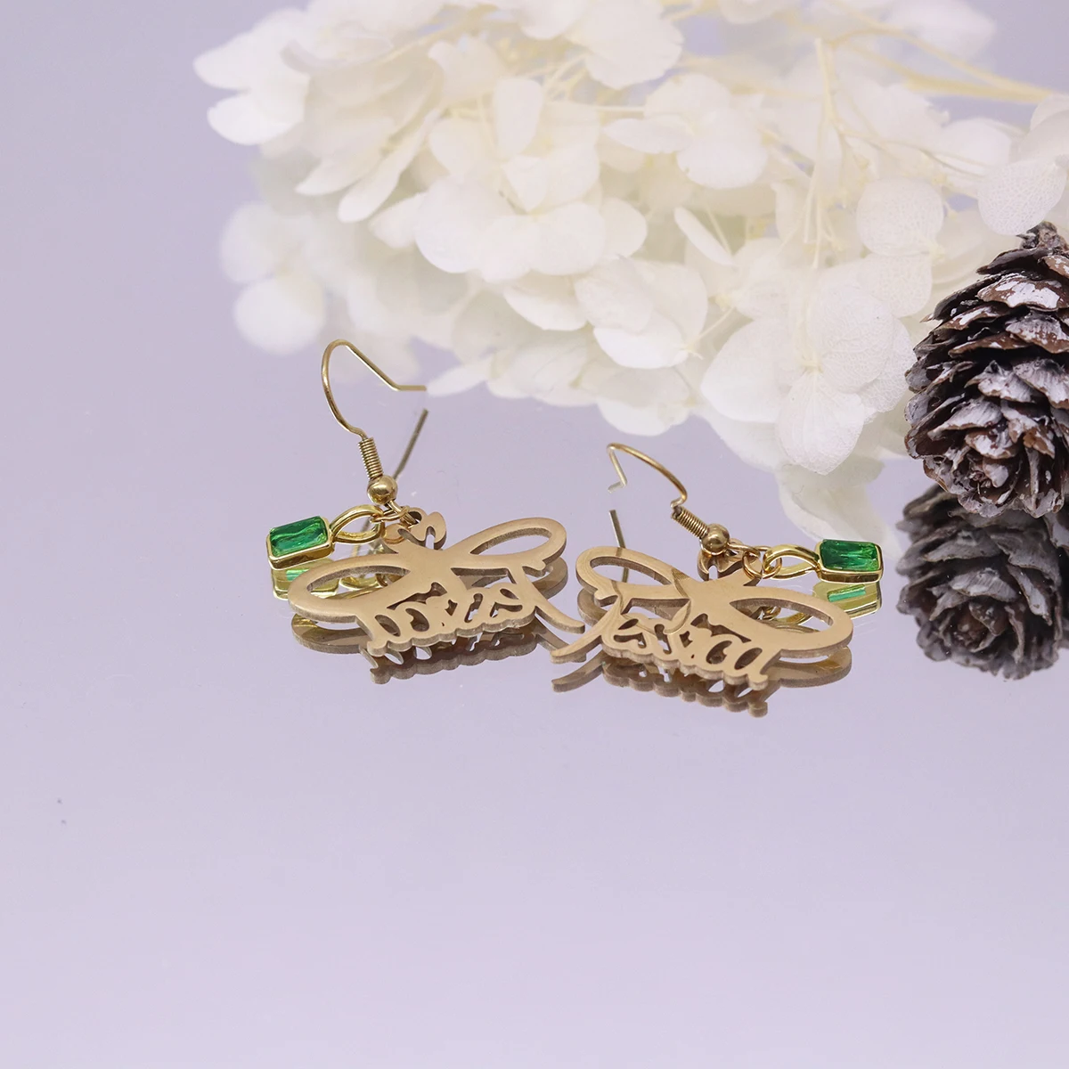 Chandler Custom Name Bow Earrings with Green Zircon, Romantic Ribbon Themed Dangle Earrings, Ethnic Jewelry for Women