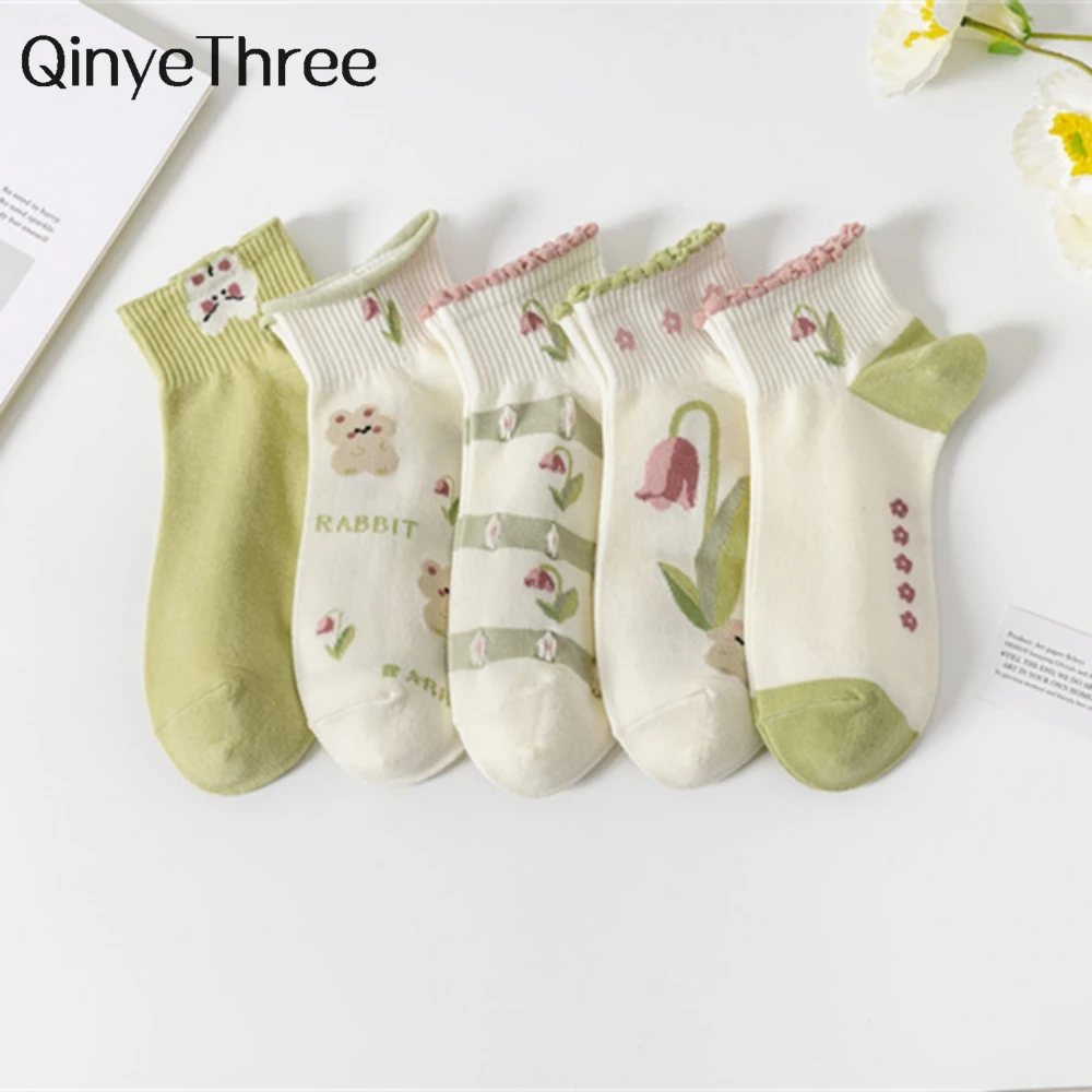 New Women Summer Fruit Socks Green Fresh Cute Rabbit Flower Curled Edge Artistic Dropship