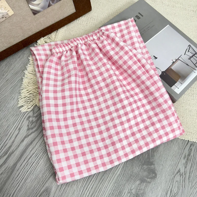 

Розовые клетчатые пижамные штаны, женские свободные широкие брюки, студенческие домашние спальные штаны, весна и осень на открытом воздухе, розовые повседневные брюки большого размера