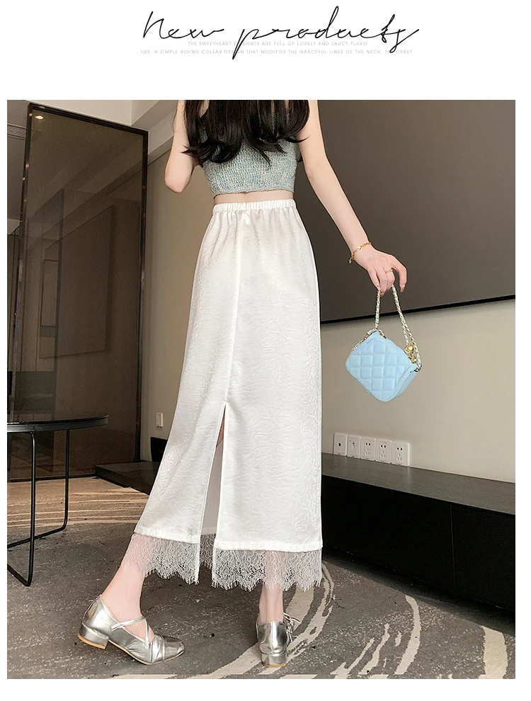 GAODINGLAN Light Thin Satin Surface Tassels Women Skirts Summer Versatile A Line Long Skirt Female High Waist Skirt Temperament