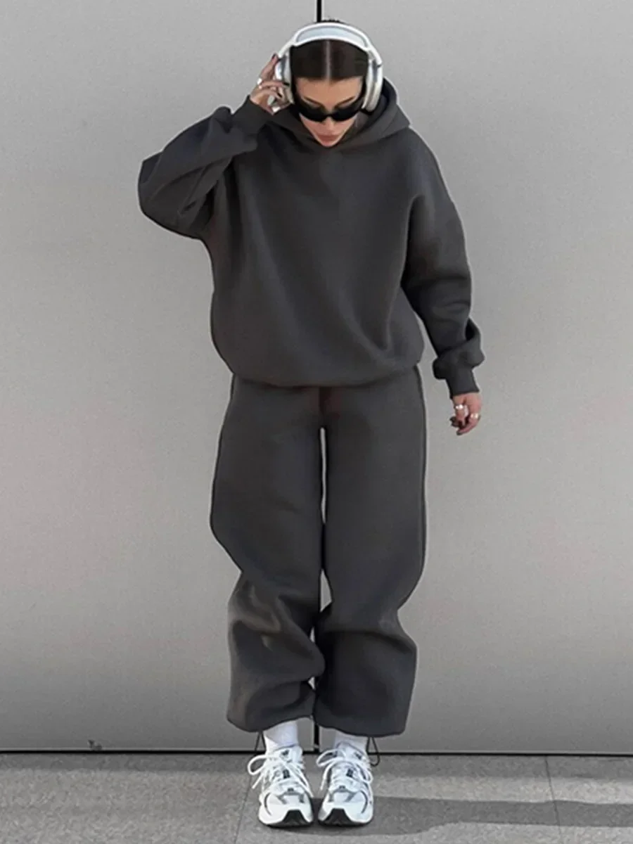 Wolfeel Solid Color Hoodies Pants 2-Pieces Sets Winter Thicken Fleece Women\'s Sweatshirt Oversized Fashion Warm Pullovers Sets