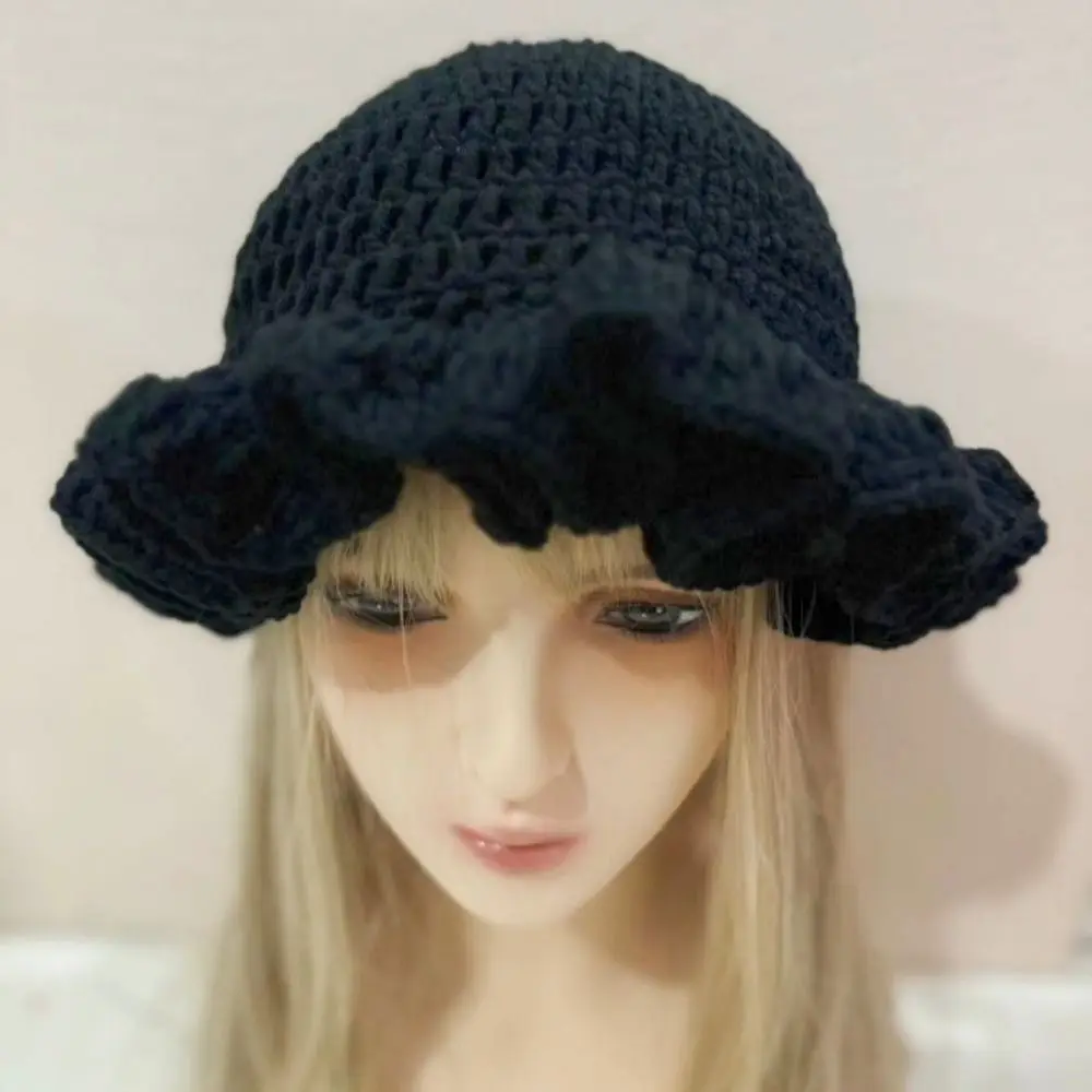 Fashion Ruffle Knitted Fisherman Hat Ins Warm Stretch Knitted Cap Handmade Solid Color Bucket Hat Winter Autumn