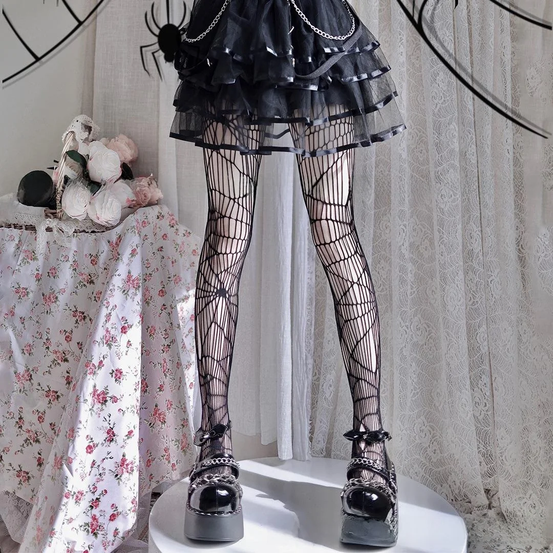 Pantimedias de Estilo Gótico con Diseño de Red de Pesca, Serie Oscura, Pantimedias de Halloween, Leggings Transpirables y Delgados, Fibra de Triacetato