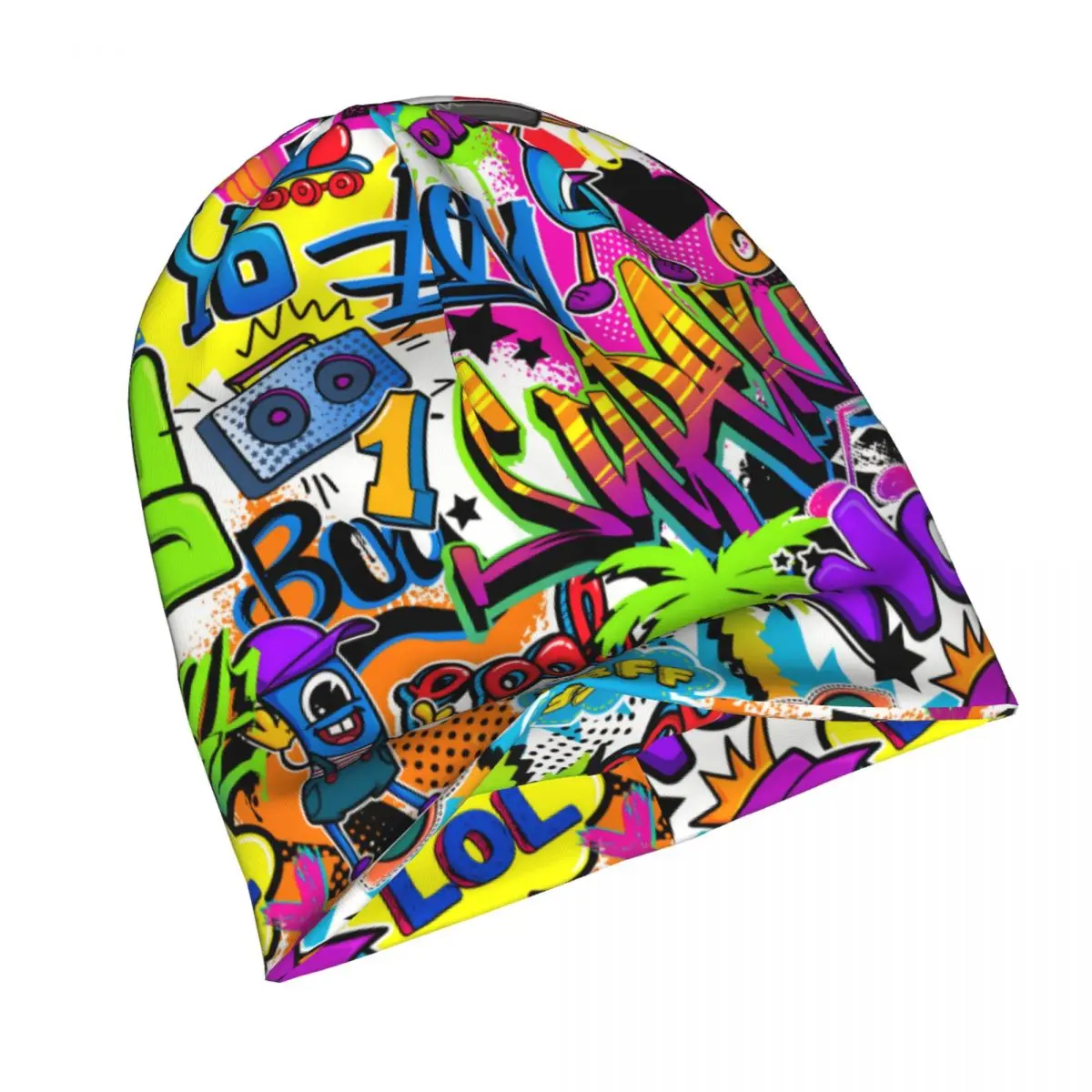 Comics Pattern With Palm Tree Hand Roller Thin Skullies Beanies Outdoor Caps For Men Graffiti Art Pattern Ski Caps Bonnet Hats