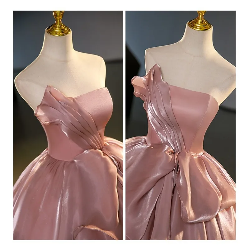 Personalizável 2025 nova cor de pasta de feijão de cetim vestido de noiva sem alças e sem costas, elegante e emagrecedor, vestido de exame de arte de nicho