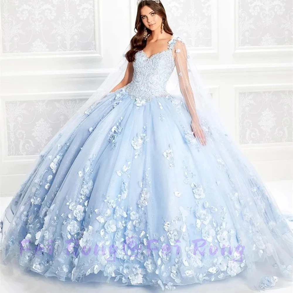 

Light Blue Princess A-Line Dresses Lace Appliques 3D Flowers Beads Backless Pageant Party Sweet Vestidos De Novia Custom 2024