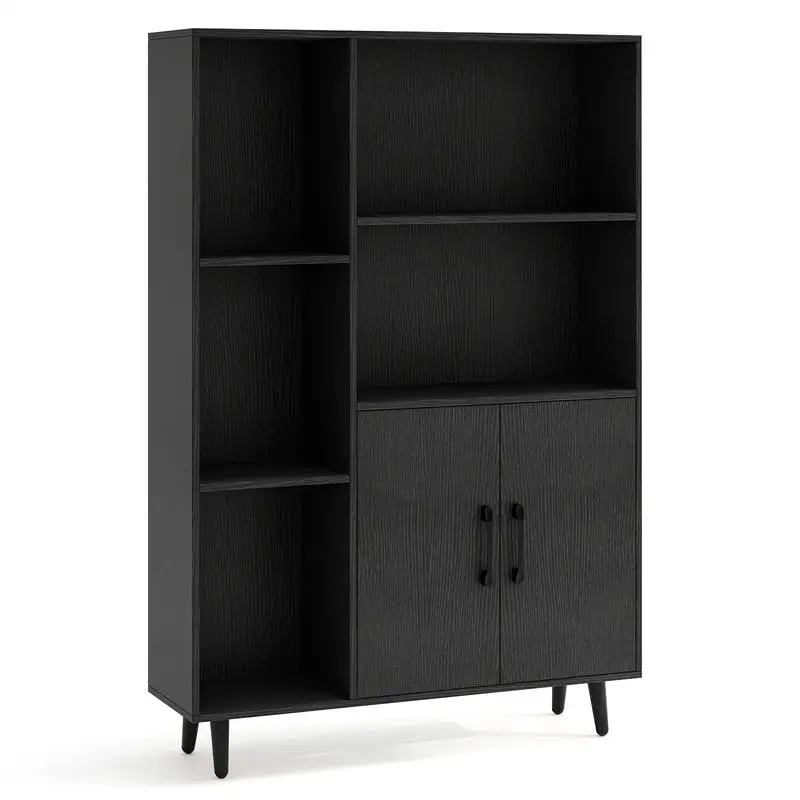 4 Inch Floor Bookshelf With 5 Open Shelves And 2-Door Storage Cabinet, Sturdy Metal Legs, Anti-Tipping Kit, Modern Display Unit For Living Room, Study, Office, Black