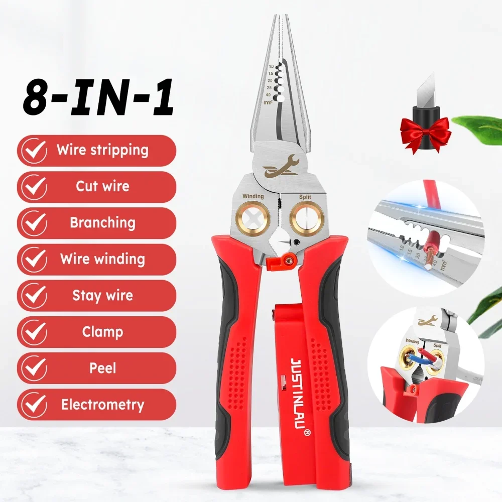 Multifunctional Wire Stripper Electrician Pliers 8-in-1 Stainless Steel Needle-nose Pliers with Electrical Measurement Hand Tool