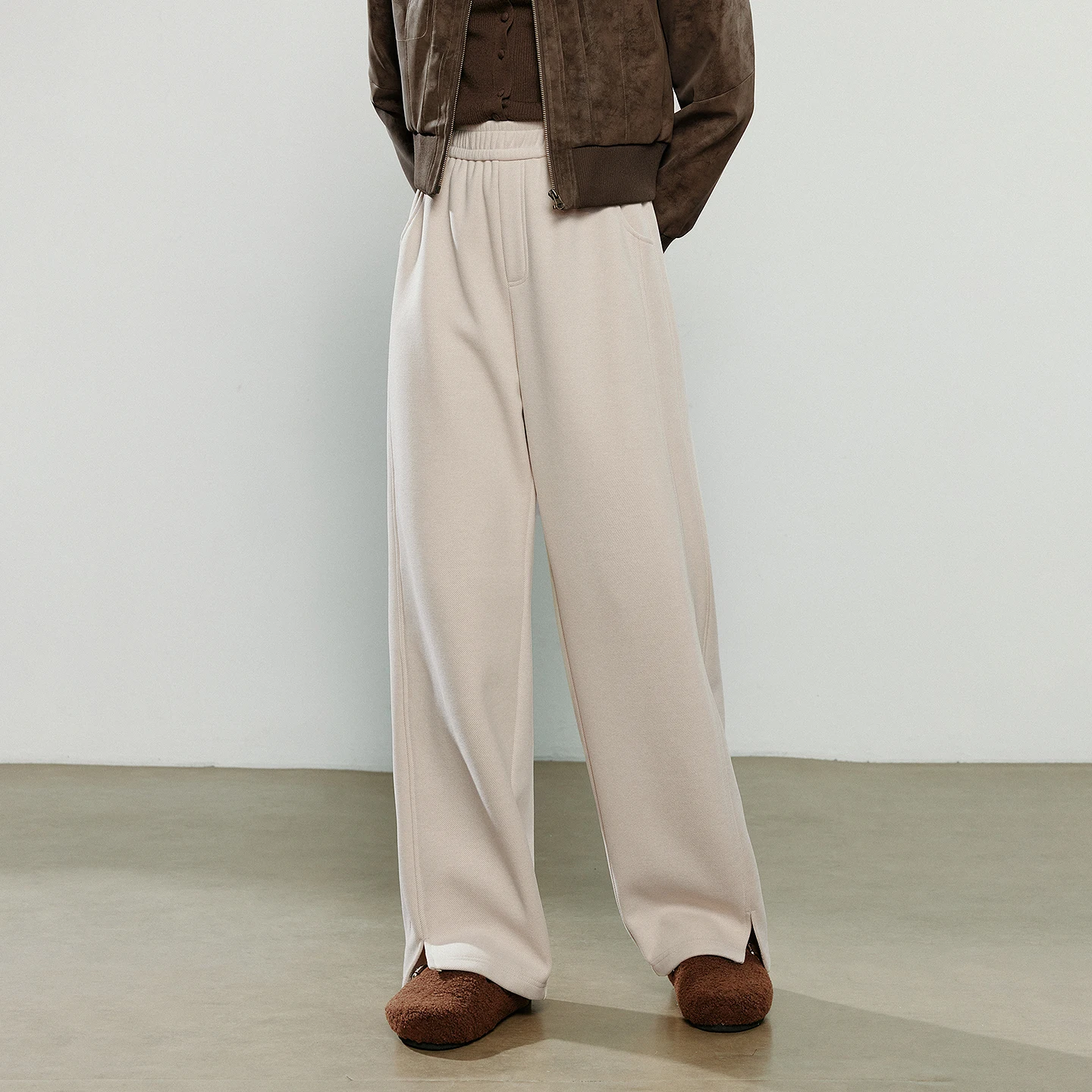 TOYOUTH سراويل تقليدية نسائية 2025 شتاء جديد مستقيم الساق سبليت الصوف مبطن الدافئة الصوف مثل مرونة الخصر سبليت بنطلون طويل #2