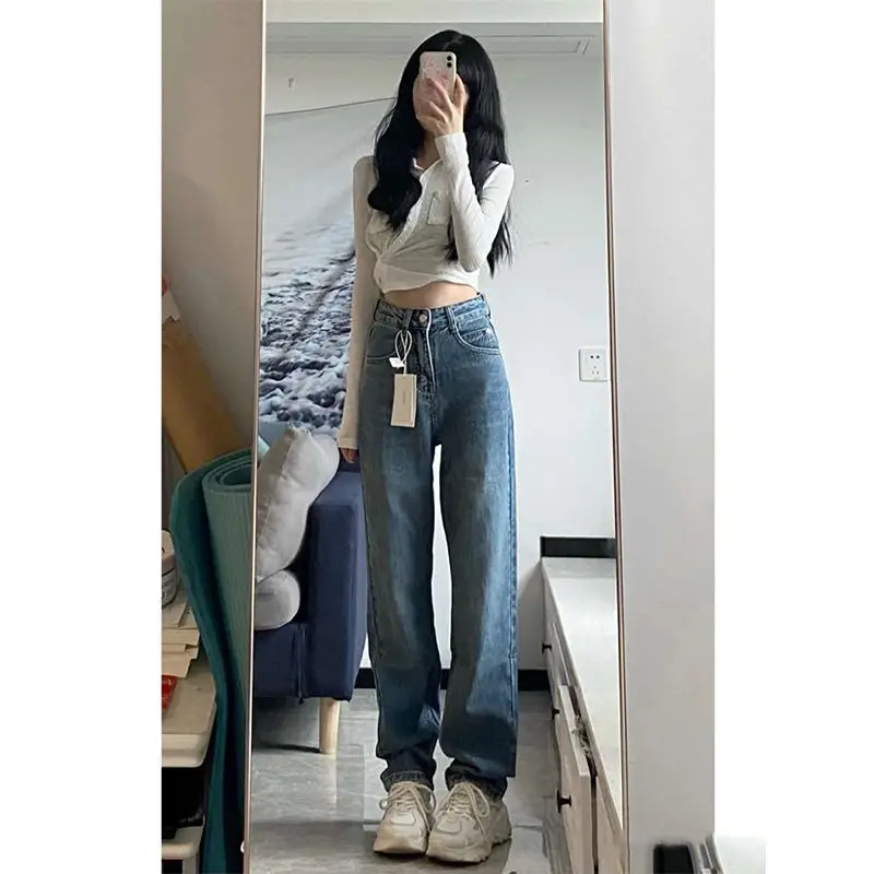 Femme pantalon Baggy jean empilé à volants plissé drapé fendu fente asymétrique détail côté Patchwork couleur bloc épissage femme
