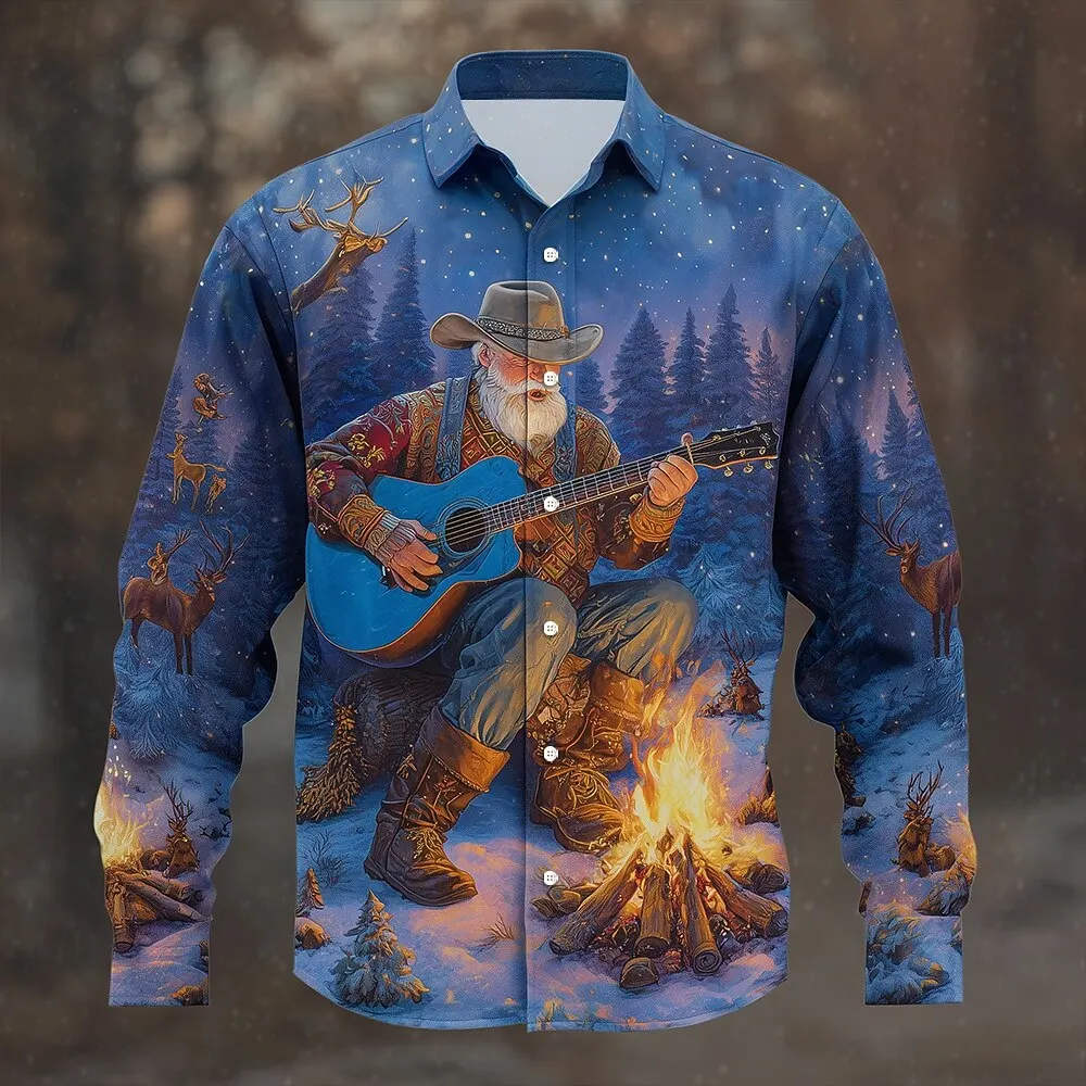 Vintage Santa Claus and Guitar Print Shirts For Men Christmas Style Long Sleeve Shirt Daily Casual Men Clothes Trendy Streetwear