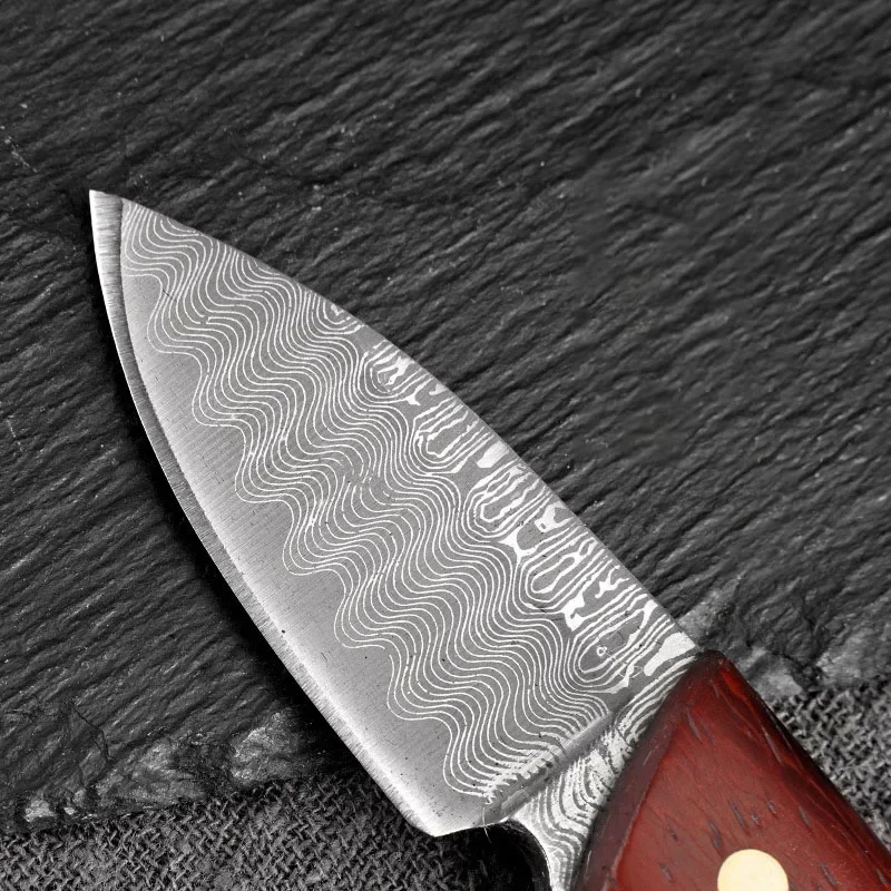 Outdoor Portable 3CR13 Stainless Steel Damascus Pattern Fixed Blade Keyring EDC Practical  Leather Cover