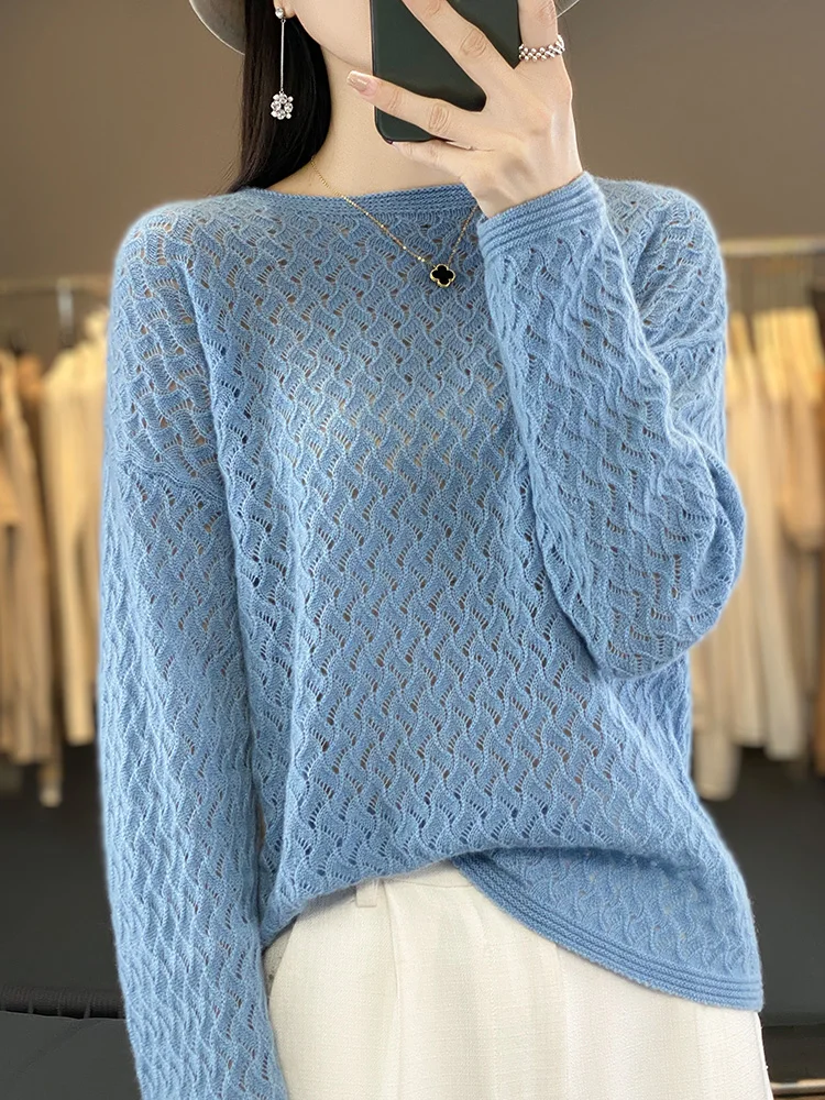 

Oversize Women Sweater New arrivals 100% Merino Wool Pullover Long Sleeve Pullover Hollow Out Jacquard Cashmere Elegant Soft Top