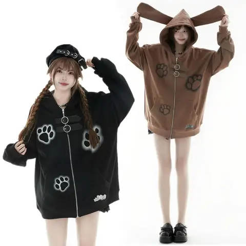 2025 Autumn Kawaii Sweet Bear Ears Hoodies Women Japanese Style Y2k Harajuku Cute Cartoon Print Zipper Hooded Belt Sweatshirt